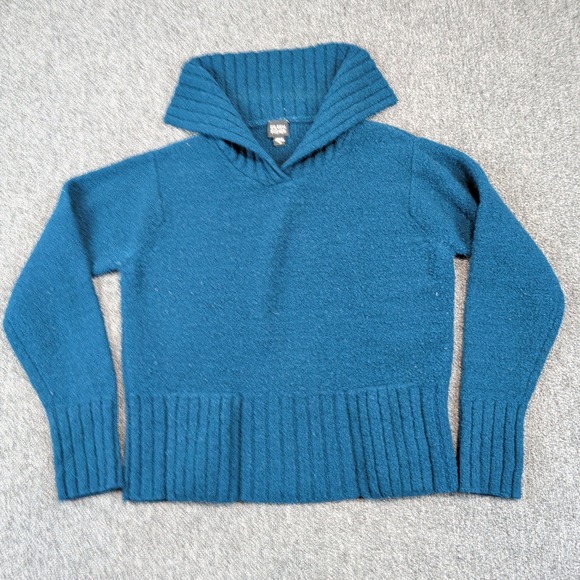 Eileen Fisher Minimalist Wool Knit Sweater M Teal Blue Ribbed Collar Boheme VTG — photo 2